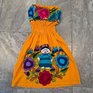 Orange Traditional Mexican Artisan Embroidered Floral Dress For Girl 12